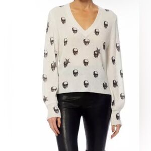 360 Skull Cashmere V-Neck White Skull Graphic Print Black Linen Sweater …